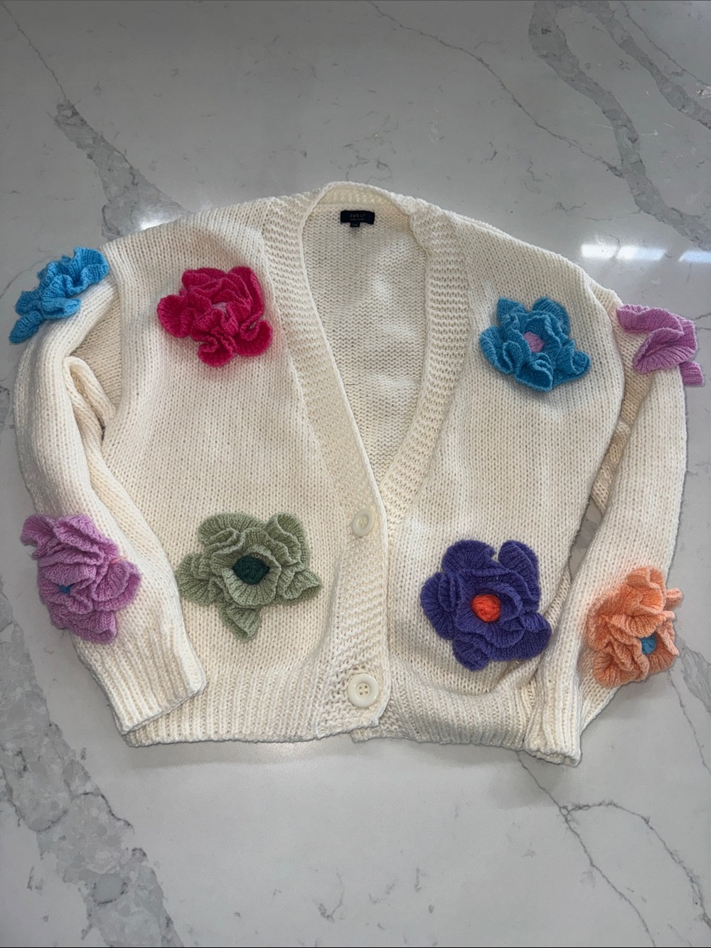 debut Cream Knit Cardigan with Multicolor 3D Floral Appliqués